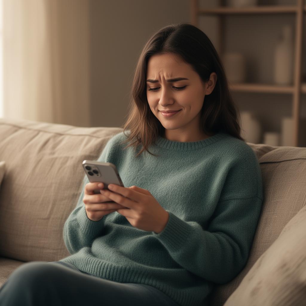 A person reading supportive replies on her phone at home