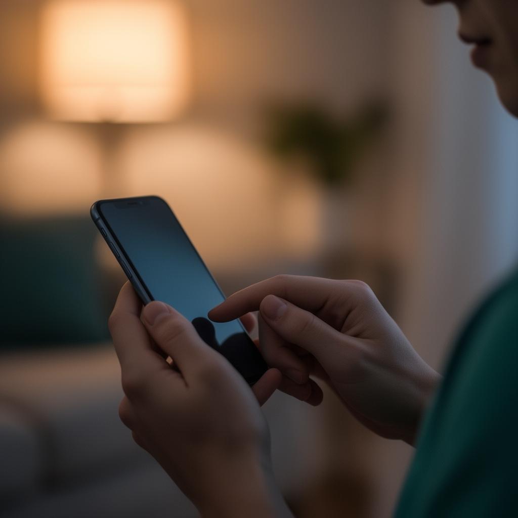 A person privately typing a personal question on their phone in soft evening light