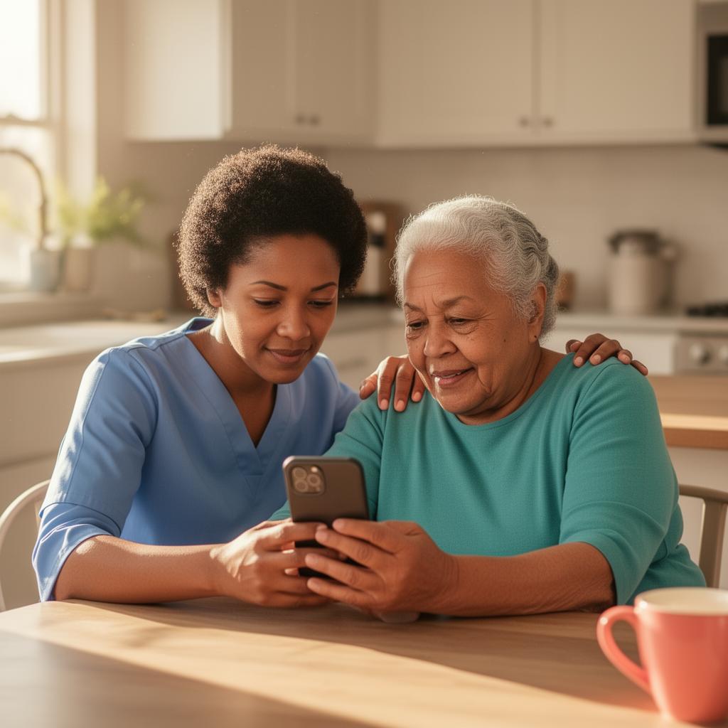 A caregiver sitting at the kitchen table with an older parent, looking at a phone together