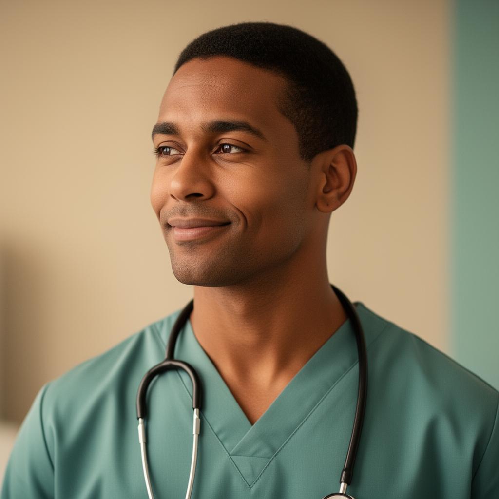 A calm, trustworthy doctor in soft clinic light